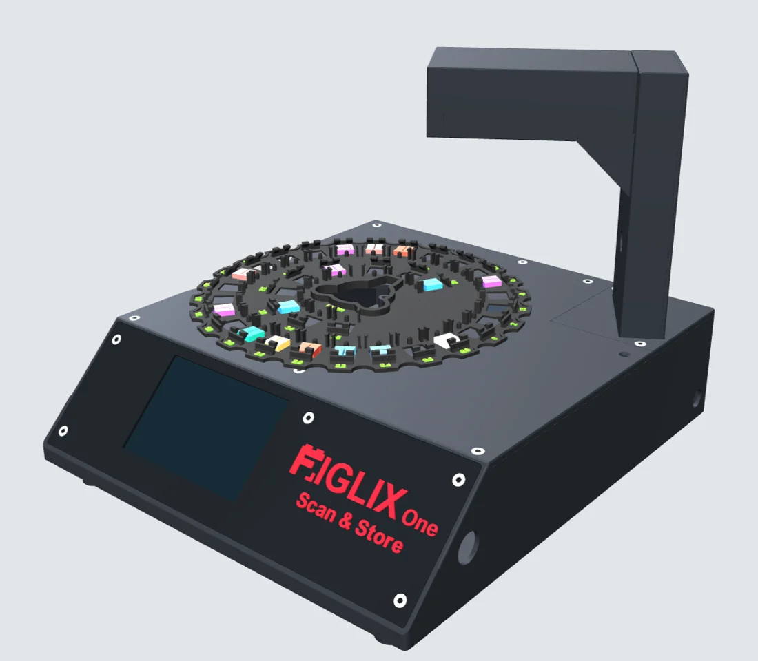Figlix One in Schwarz mit rotem Schriftzug, Display, Kameraarm und einer bestückten Disk auf dem Teller