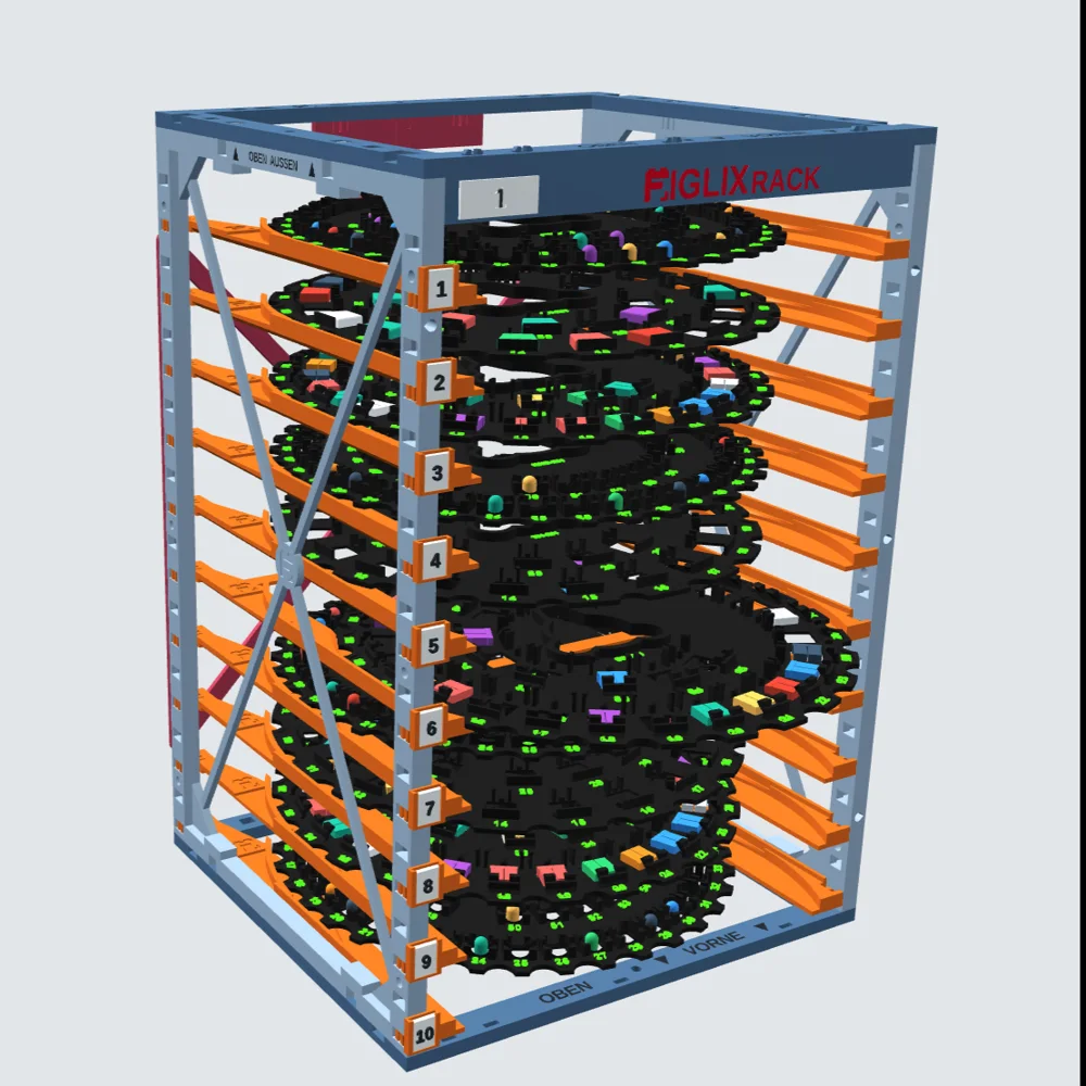 Figlix Rack mit zehn schwarzen, nummerierten Disks voller Köpfe, Torsos und Beine; eine Disk ist herausgezogen